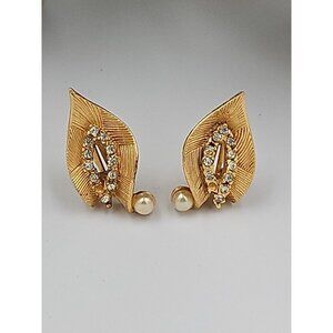 Vintage Clip On Satin‎ Gold Leaf Shaped Earrings with Rhinestones